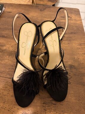 Jessica Simpson Black Feather Pom Slingback Heels